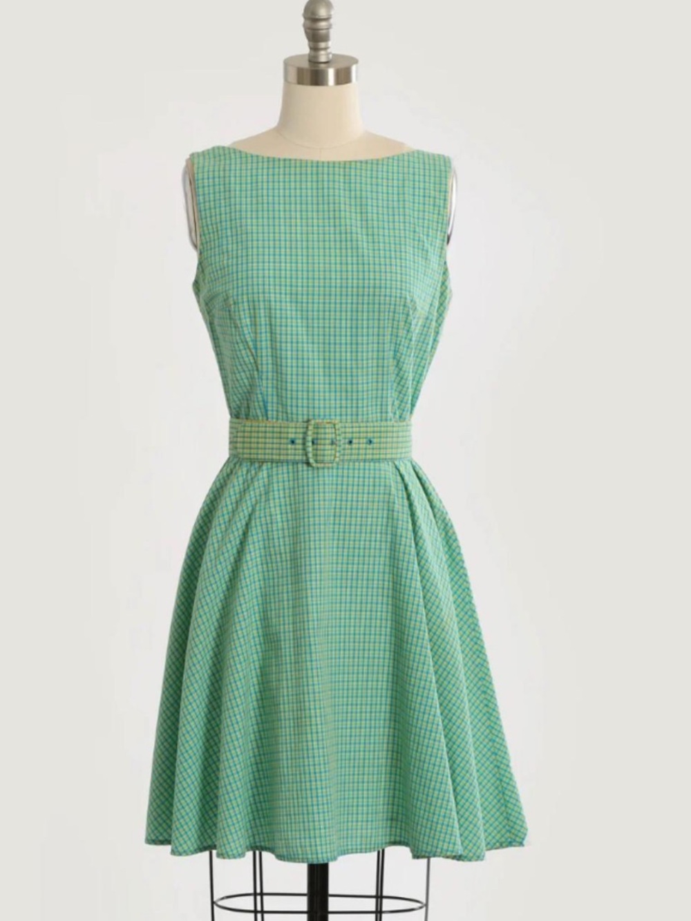 Sleeveless Green Gingham Fit-and-Flare Dress with Belt